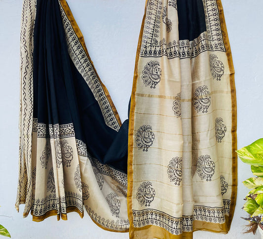 Pure Chanderi Silk Hand-block Printed Saree.