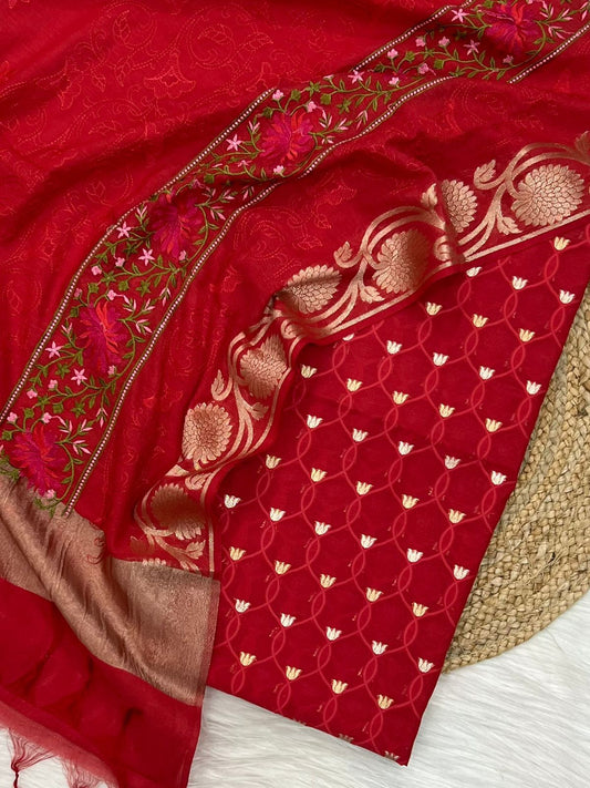 Chanderi alphi Meena jaal Unstitched Suit With Chanderi fancy multi Embroidery Dupatta