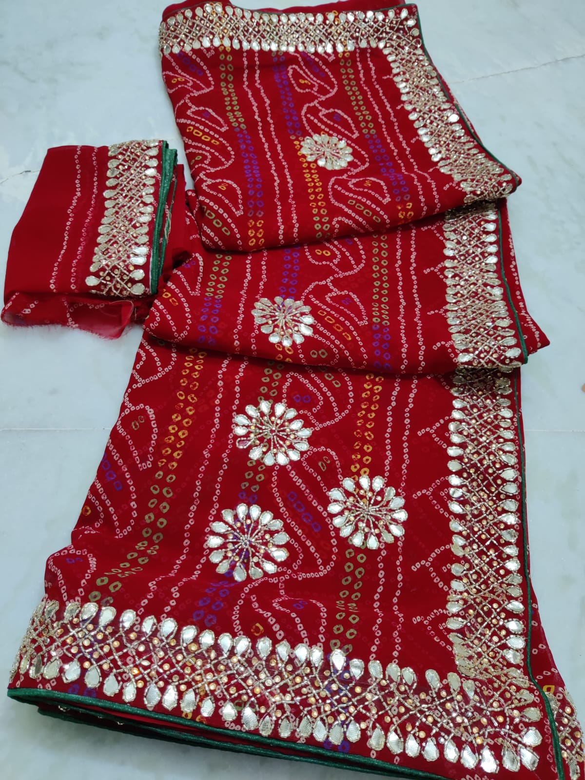 Pure Georgette Bandhej Gota Patti Work Saree