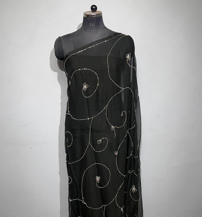 Black Color Pure Dimond Chiffon Saree With Blouse