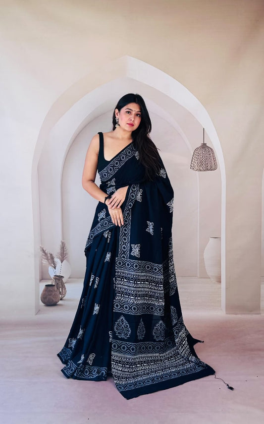 Pure Mulmul Cotton Hand Block Printed Saree With Running Blouse.