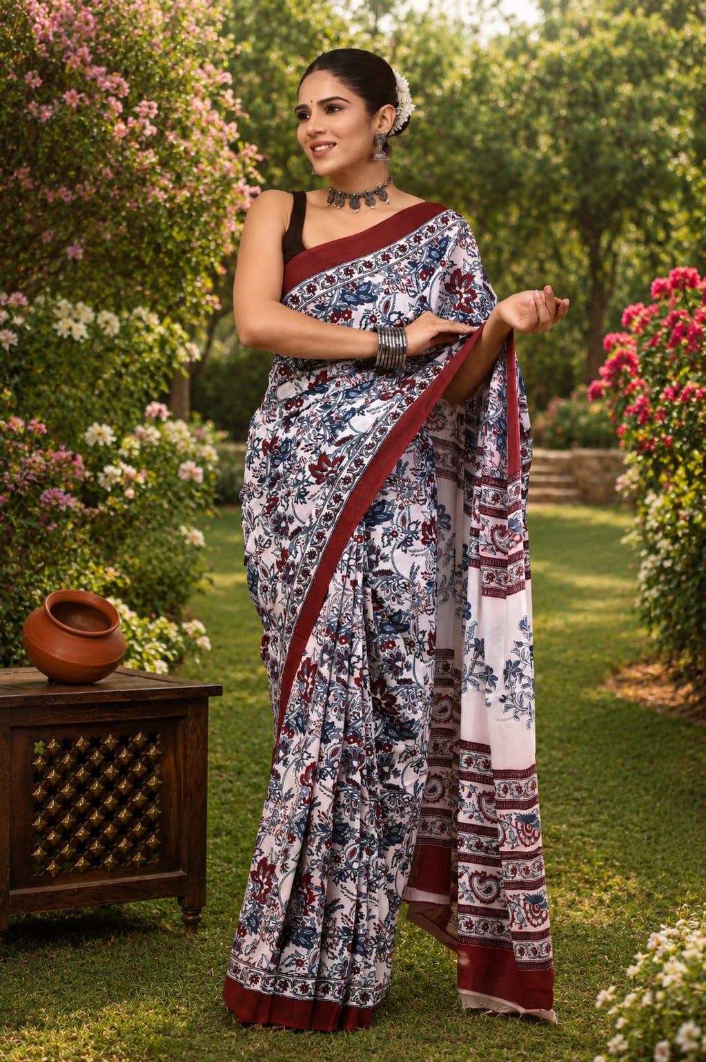 Pure Cotton Hand Block Printed Saree With Blouse.