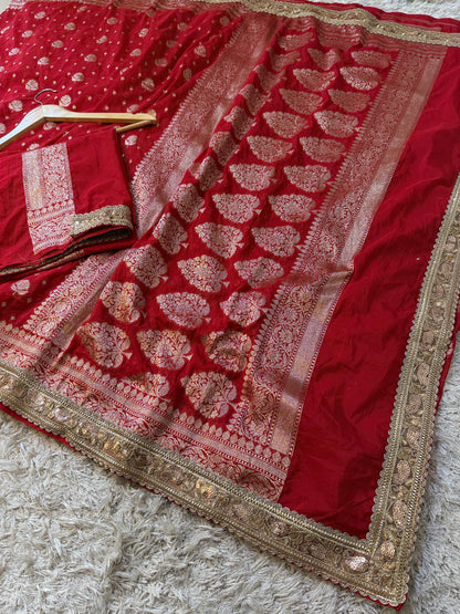 Handloom Banarasi Khaddi Katan Soft Silk Saree With Pearls lace Work Border