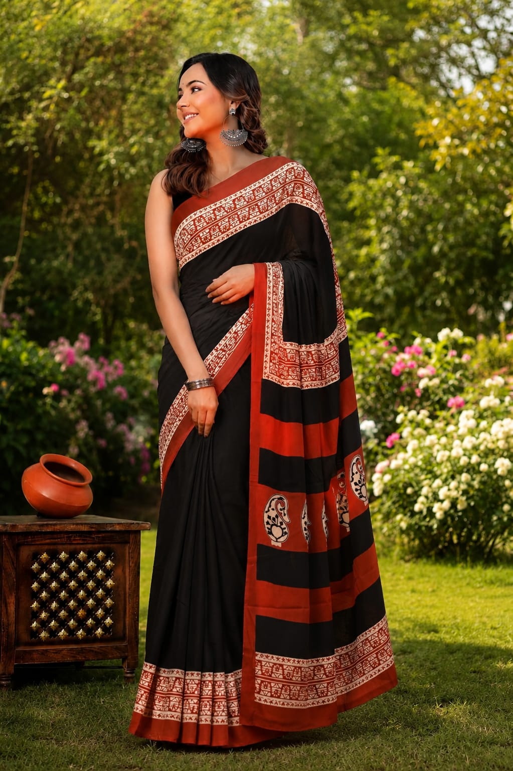 Pure Cotton Hand Block Printed Saree With Blouse.