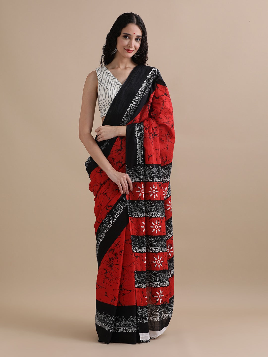 Pure Mulmul Cotton Hand Block Printed Saree With Running Blouse.