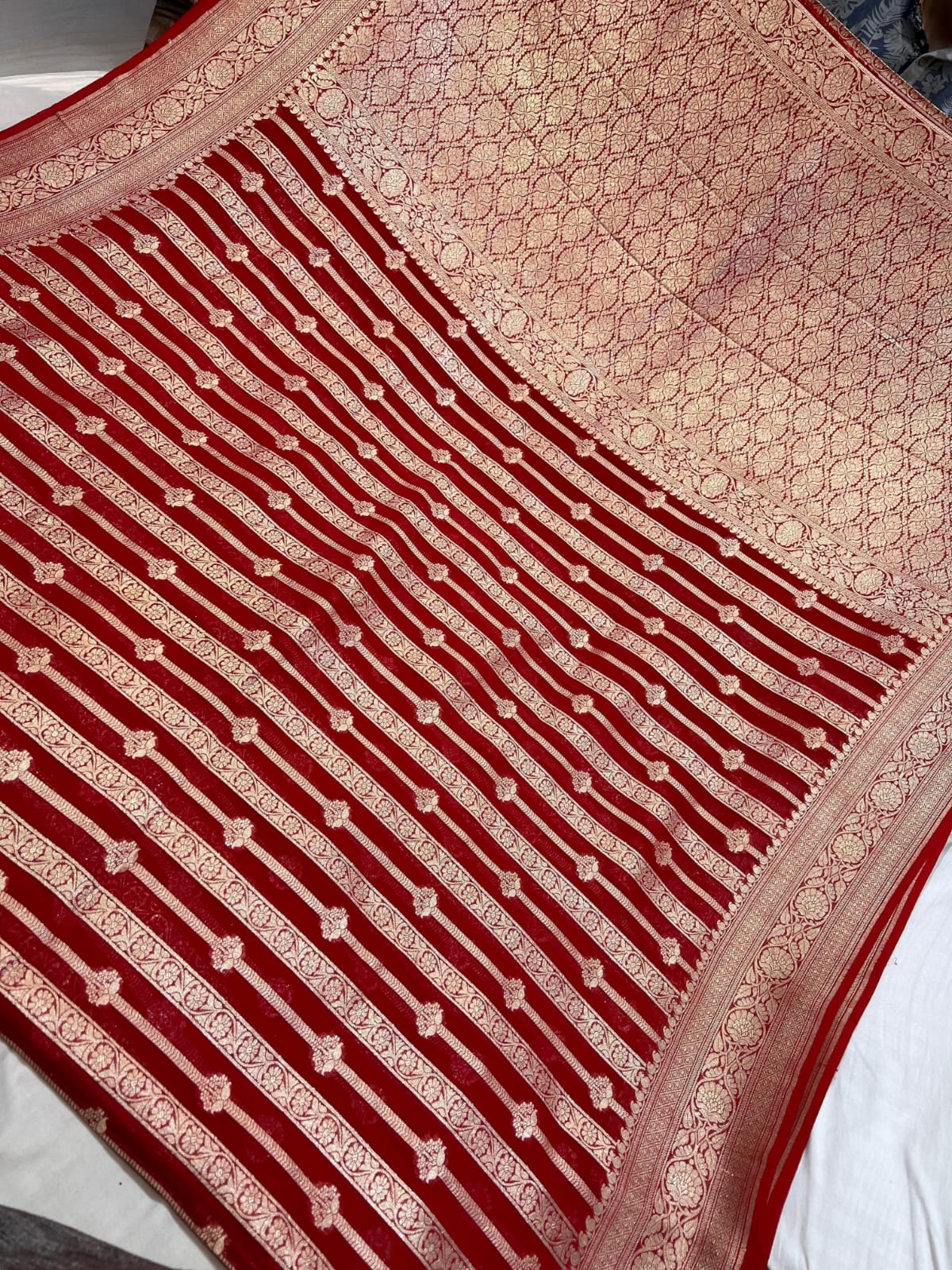Pure Handloom Khaddi Georgette Saree Zari Work.