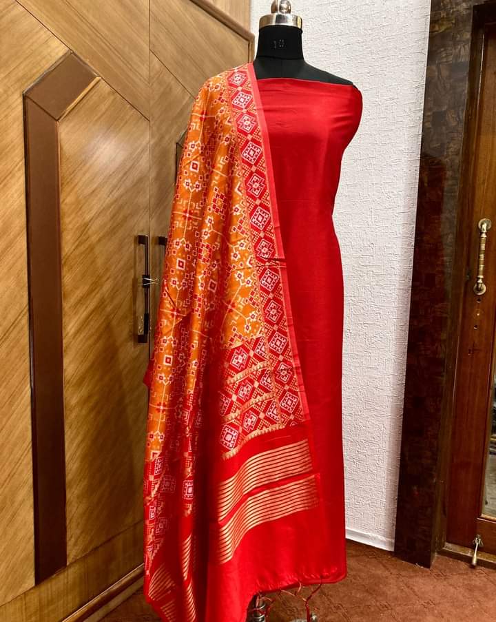 Banarasi Plain Silk Unstitched Suit with Patola Silk Dupatta