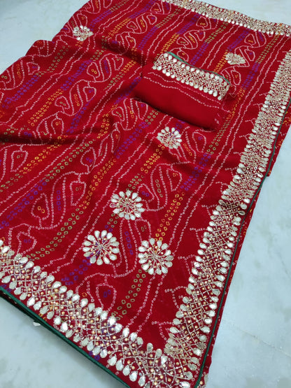 Pure Georgette Bandhej Gota Patti Work Saree