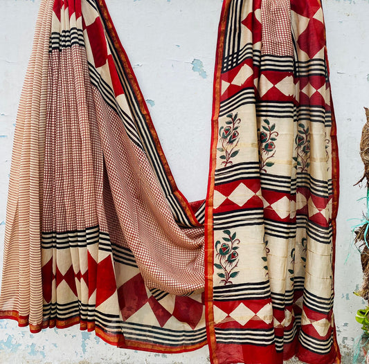 Pure Chanderi Silk Hand-block Printed Saree.