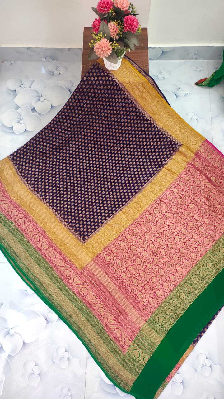 Pure Handloom Khaddi Georgette Saree Zari Work.