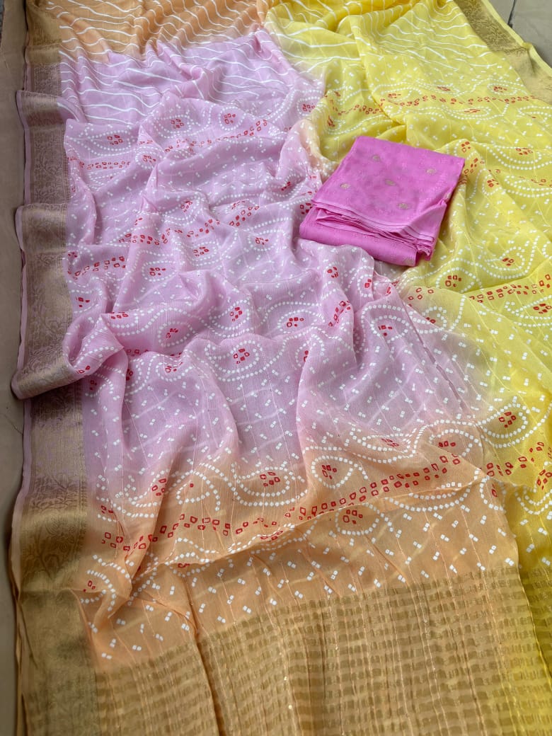 Pure Chinon Chiffon Bandhani Leheriya Saree