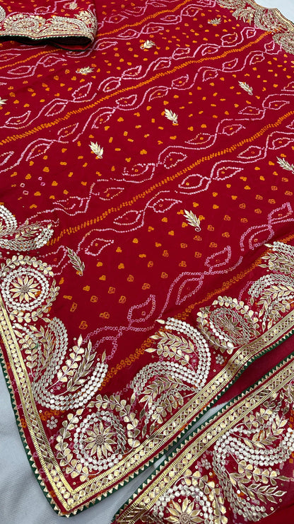 Pure rai Bandhej saree with pure gotapatti handwork