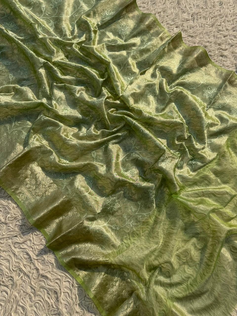 Banarasi Tissue Embroidery Work Soft Silk Saree.