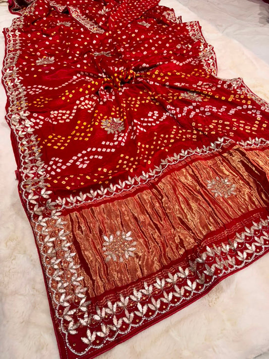 Pure Modal Gajji Silk Bandhej Hand work Gota Patti Work Saree.