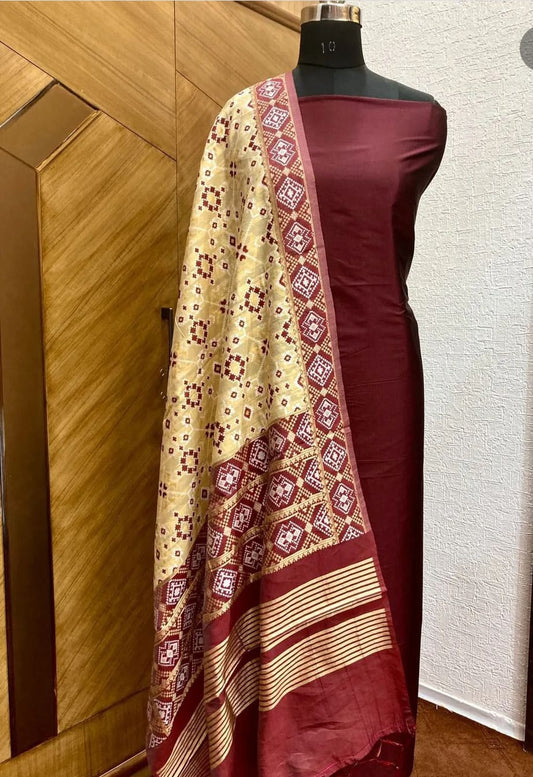 Banarasi Plain Silk Unstitched Suit with Patola Silk Dupatta