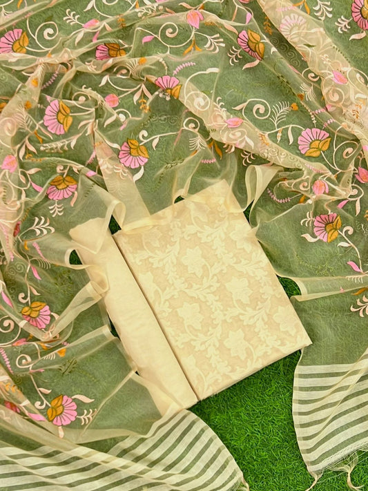 Banarasi Chanderi Unstitched Suit Organza Multi thread Embroidery Dupatta.