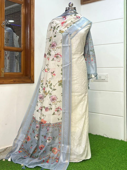 Banarasi Chanderi Embroidery Work Unstitched Suit With Digital Printed Dupatta