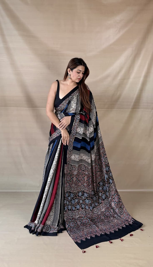 Pure Modal Silk Ajrakh Hand-block Printed Saree.
