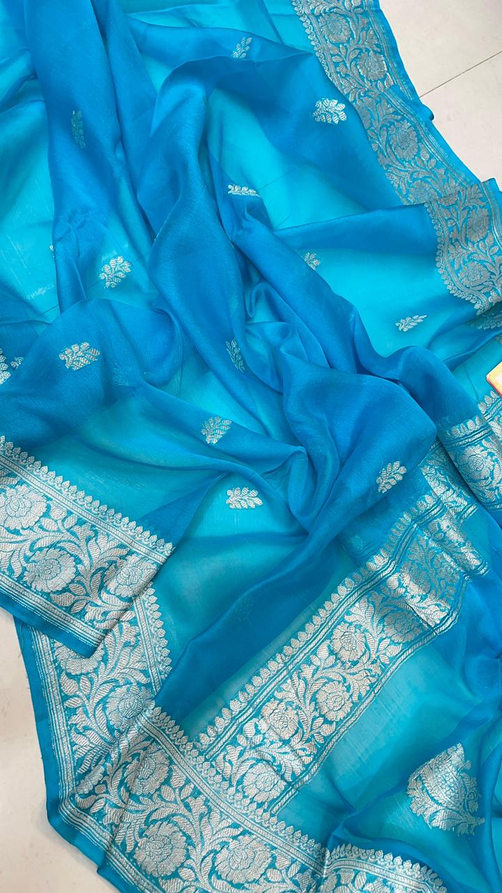 Pure Handloom Khaddi Chiffon Georgette Saree With Silver Zari Weaving Blouse  ( length- 6.3 meter )