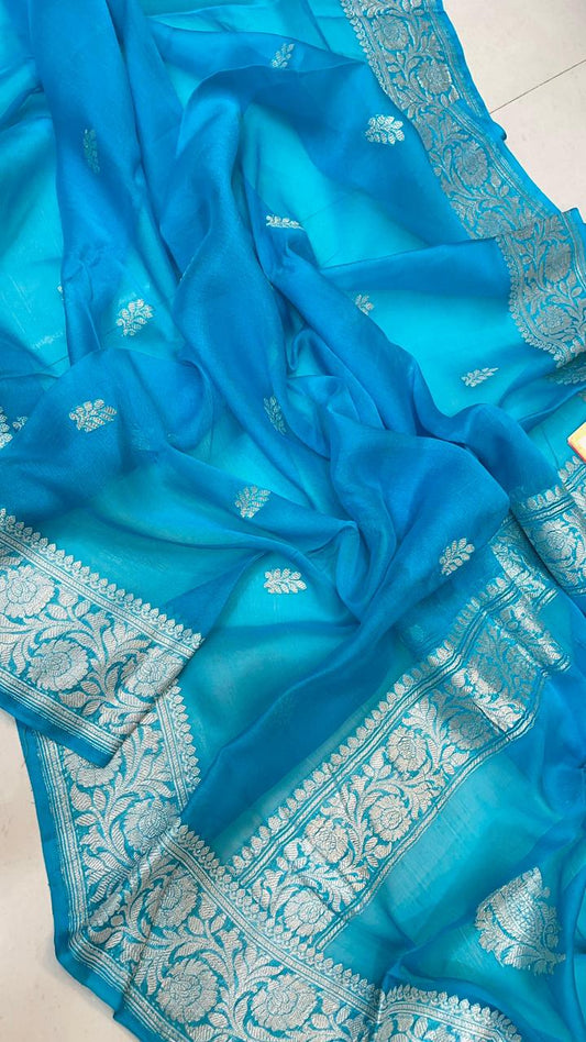 Pure Handloom Khaddi Chiffon Georgette Saree With Silver Zari Weaving Blouse  ( length- 6.3 meter )