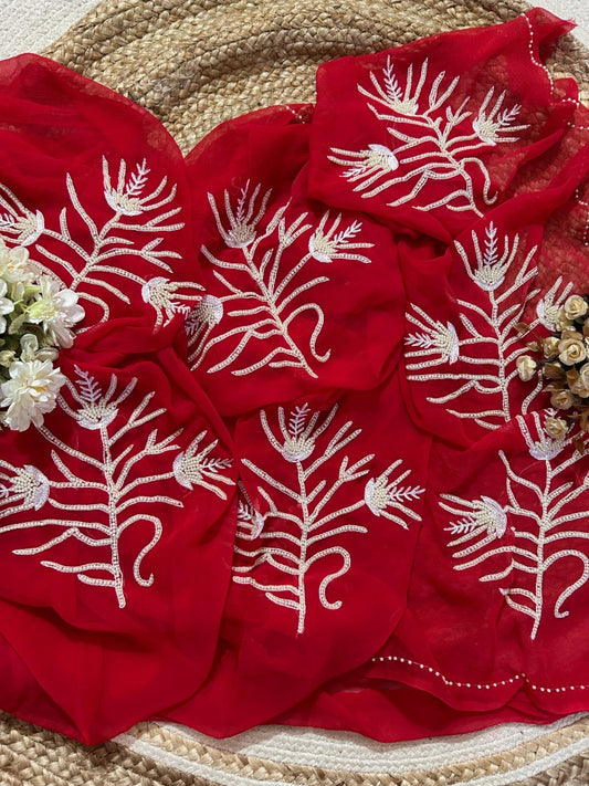 Red Color Pure Diamond Chiffon Moti Hand Work Saree.