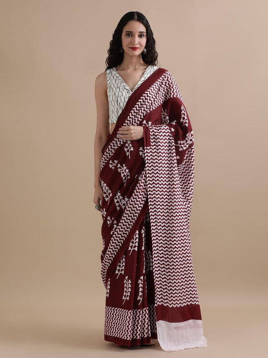 Pure Mulmul Cotton Hand Block Printed Saree With Running Blouse.