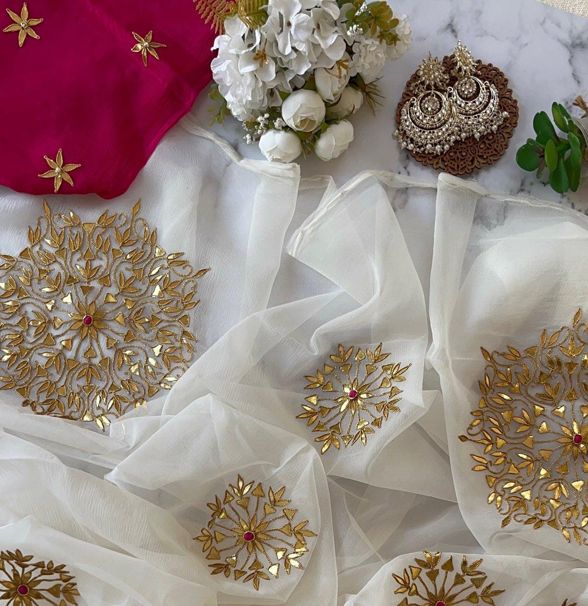 Pure Diamond Chiffon Gota Work Saree With Blouse.