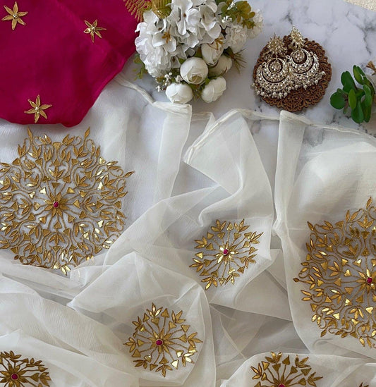 Pure Diamond Chiffon Gota Work Saree With Blouse.