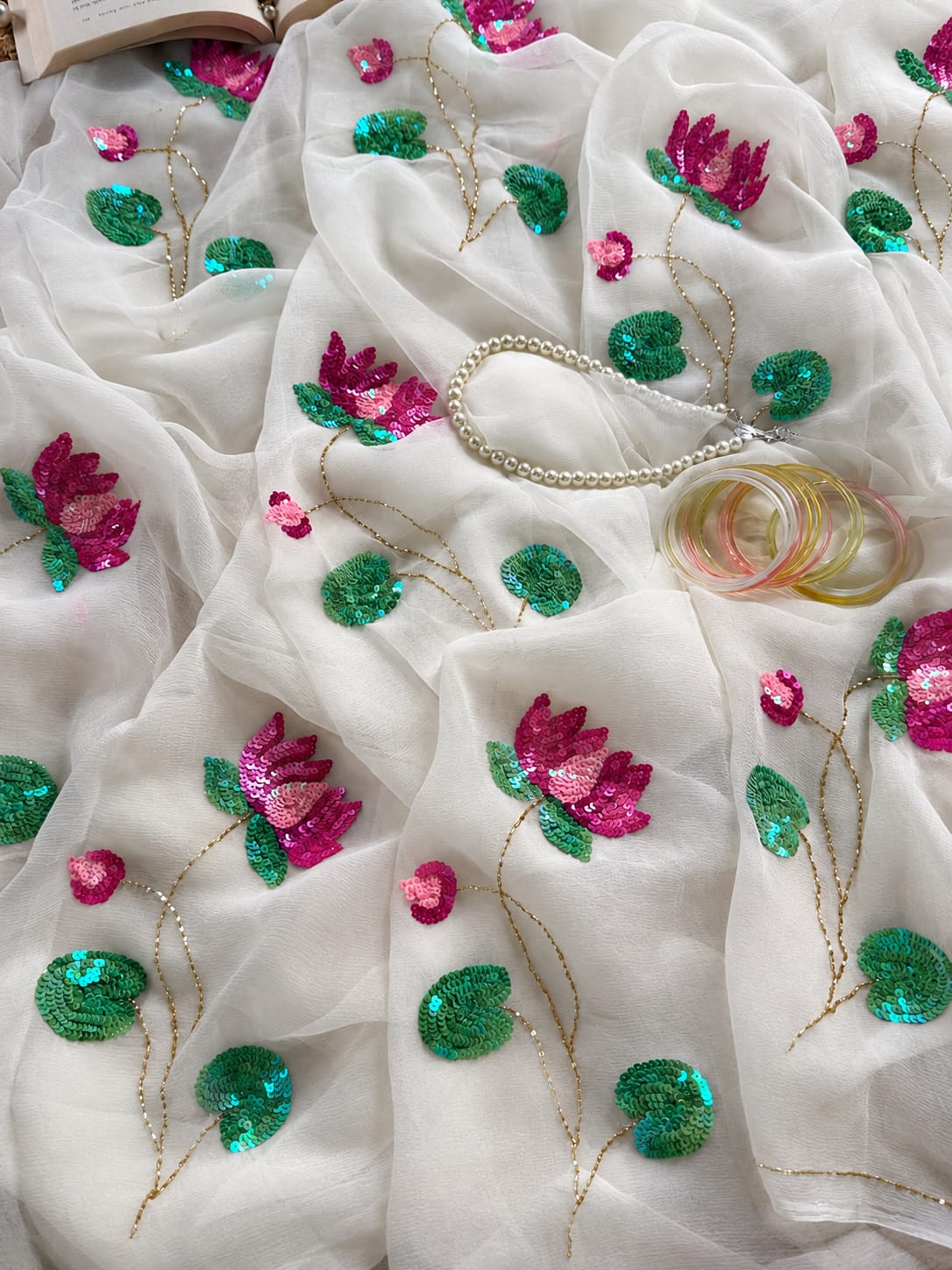 PURE DAIMOND CHIFFON SEQUENCE AND ZARI EMBROIDERY WORK SAREE.