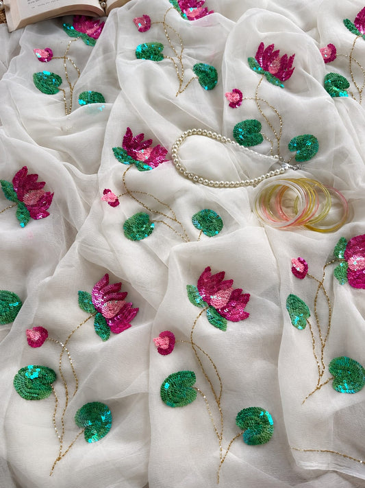 PURE DAIMOND CHIFFON SEQUENCE AND ZARI EMBROIDERY WORK SAREE.
