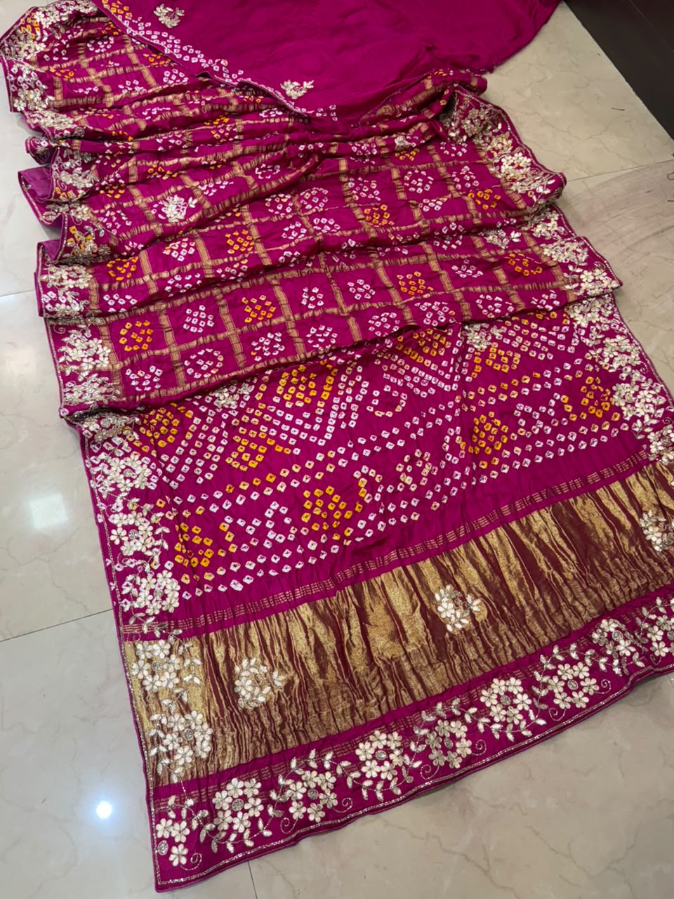 Pure Modal Gajji Silk Bandhej Hand work Gota Patti Work Saree.