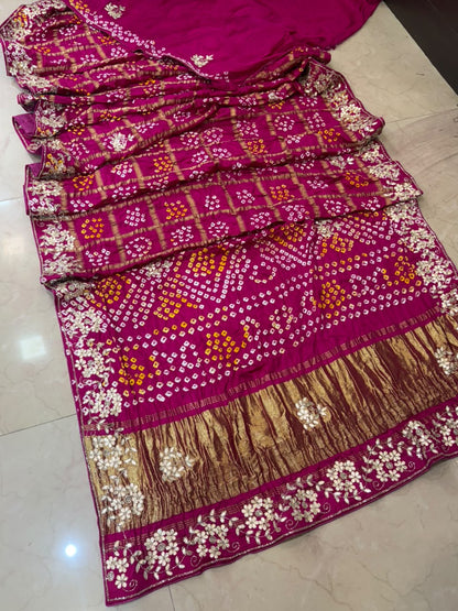 Pure Modal Gajji Silk Bandhej Hand work Gota Patti Work Saree.