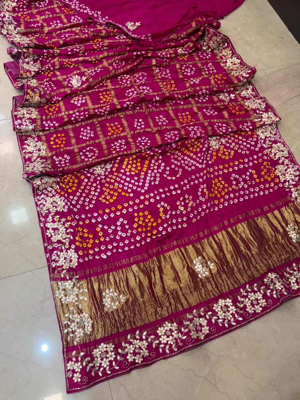 Pure Modal Gajji Silk Bandhej Hand work Gota Patti Work Saree.