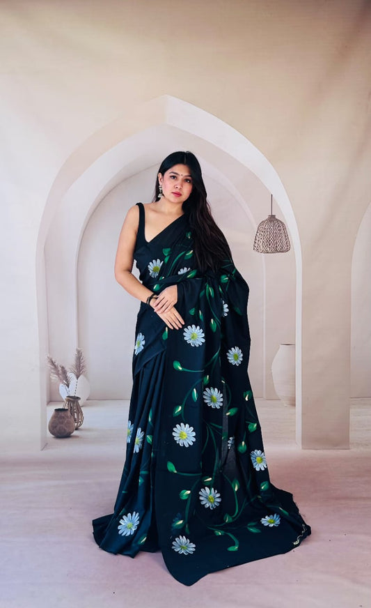 Pure Mulmul Cotton Hand Block Printed Saree With Running Blouse.