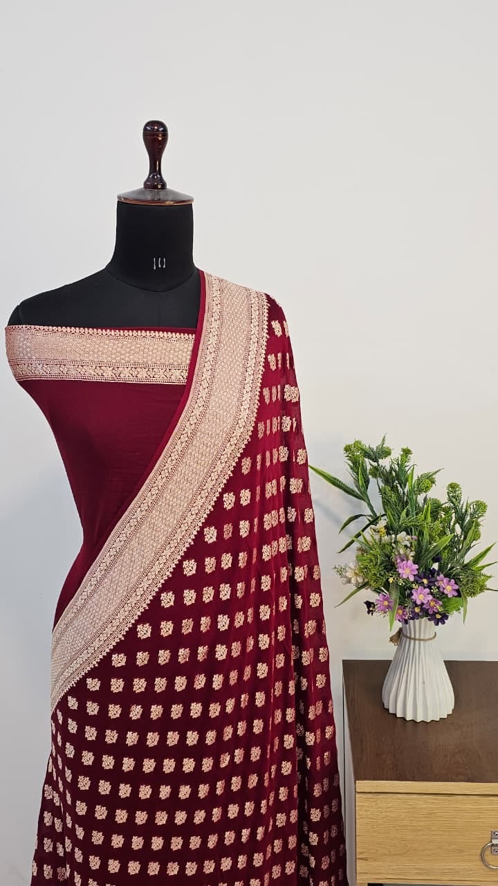 Pure Handloom Khaddi Georgette Saree Zari Work.