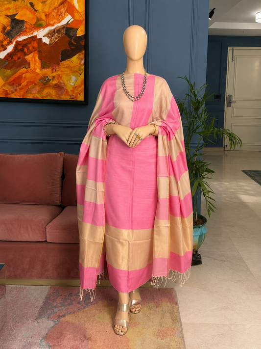Pure Maheswari Silk Cotton Handwoven Unstitch Suit.