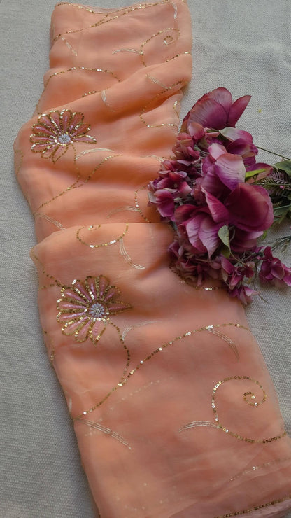 Pure Diamond Chiffon Hand Work Saree.