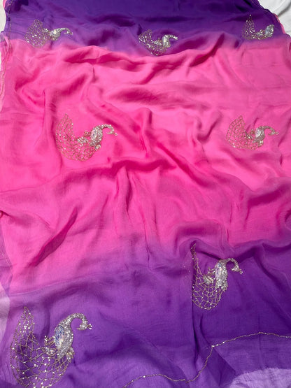 Pure Diamond Chiffon Hand Work Saree.