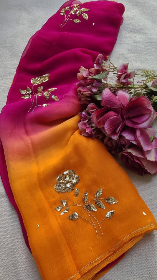 Pure Diamond Chiffon Hand Work Saree.
