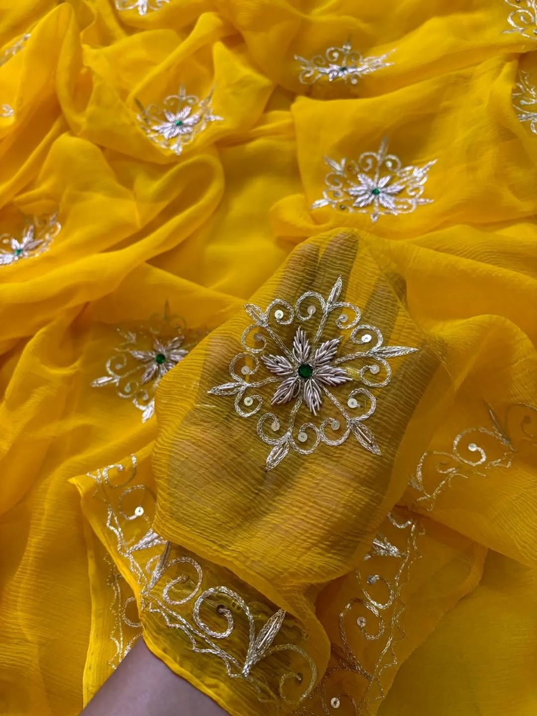 PURE DIAMOND CHIFFON  HANDCRAFTED ZARI AND GOTA WORA SAREE .