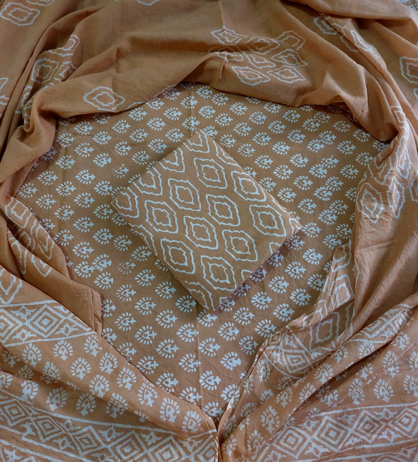 Traditional Hand block Printed Pure Cotton suits with Mulmul Dupatta.