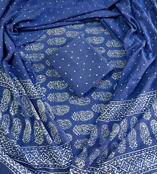 Traditional Hand block Printed Pure Cotton suits with Mulmul Dupatta.