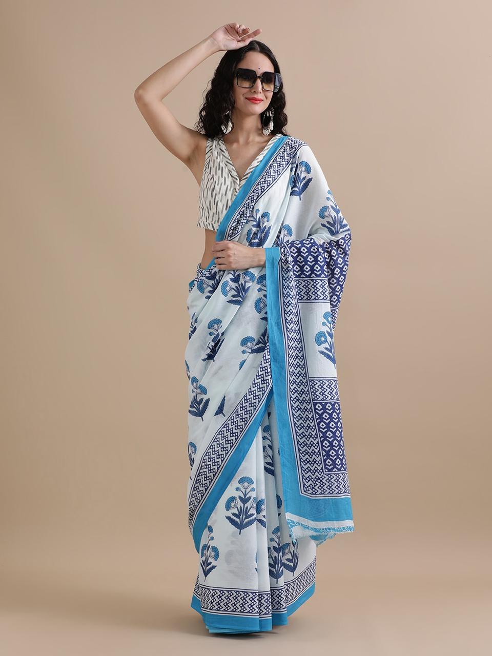 Pure Mulmul Cotton Hand Block Printed Saree With Running Blouse.