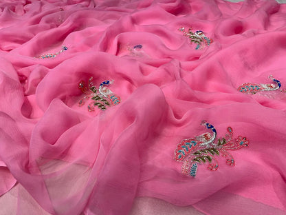 PINK COLOUR PURE CHIFFON SAREE EMBELLISHED WITH BEADS & ZARDOZI WORK