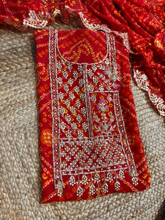 Georgette Gota pati Hand Work Unstitched Suit With Dupata.