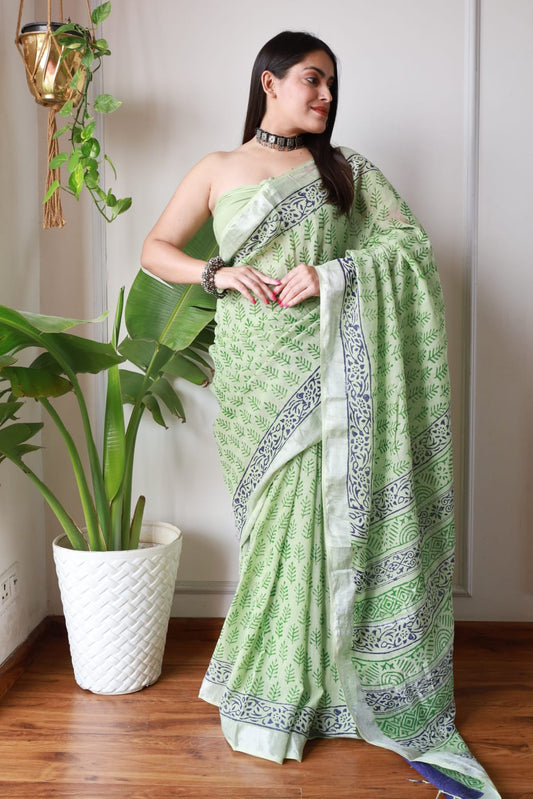 Pure Cotton Linen Hand Block Printed Saree with Blouse.