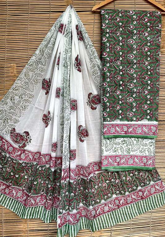 Pure Cotton Hand Block Unstitched Suit With Cotton Dupatta.