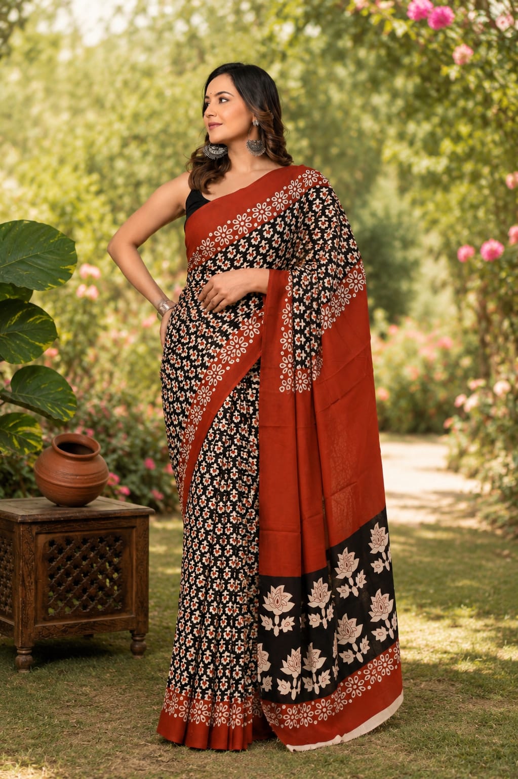 Pure Cotton Hand Block Printed Saree With Blouse.