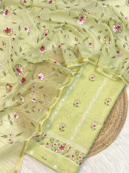 BANARASI LINEN MULTITHREAD EMBROIDERY UNSTITCHED SUIT.