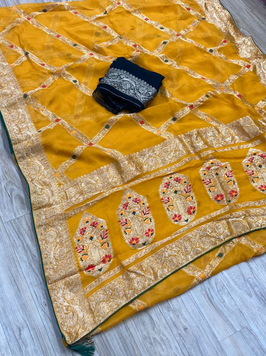 Pure Viscose Organza Beautiful Zari Mina Pattern Work Saree